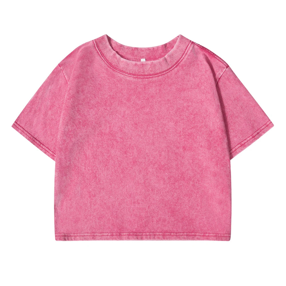 Acid wash crop top tee with crew neck, boxy short sleeves, rose pink wash