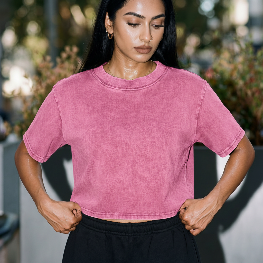 Rose purple acid-wash crop boxy T-shirt, crew neck and short sleeves