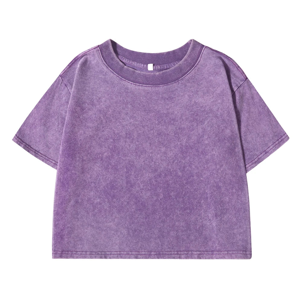 Acid wash crop top tee with crew neck, boxy short sleeves, purple wash