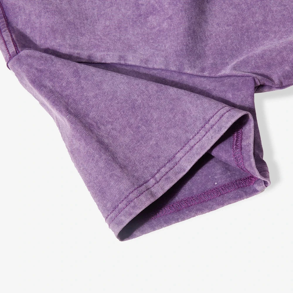Acid wash crop top tee, purple stitched sleeve cuff and rolled hem detail