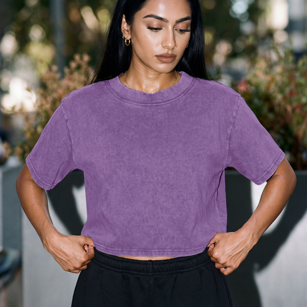 Purple acid-wash crop boxy T-shirt, crew neck and short sleeves