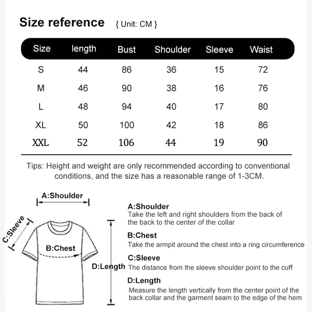 Size reference table with length, bust, shoulder, sleeve, and waist measurements in cm.