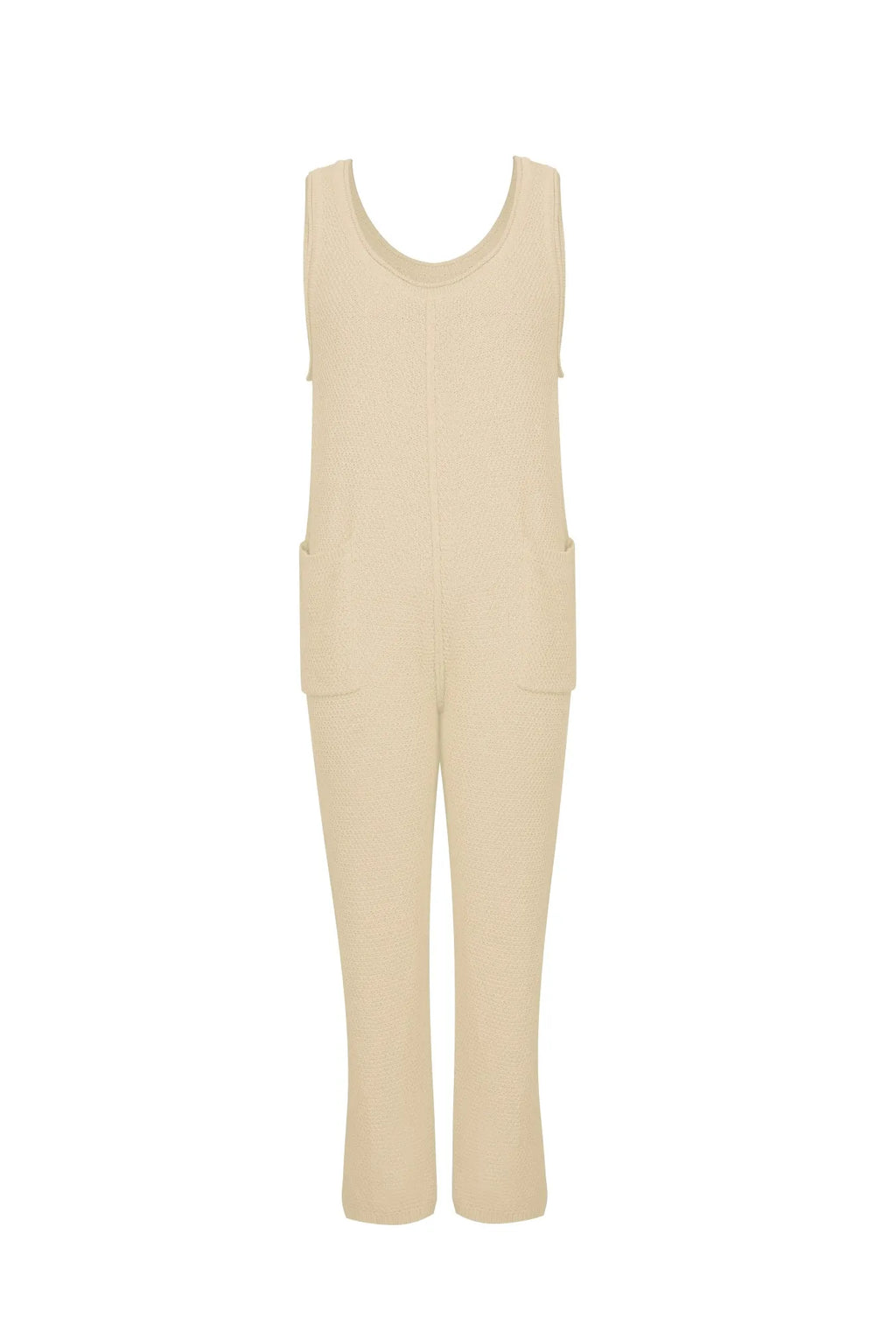 Ivory knit jumpsuit romper with scoop neck and wide legs