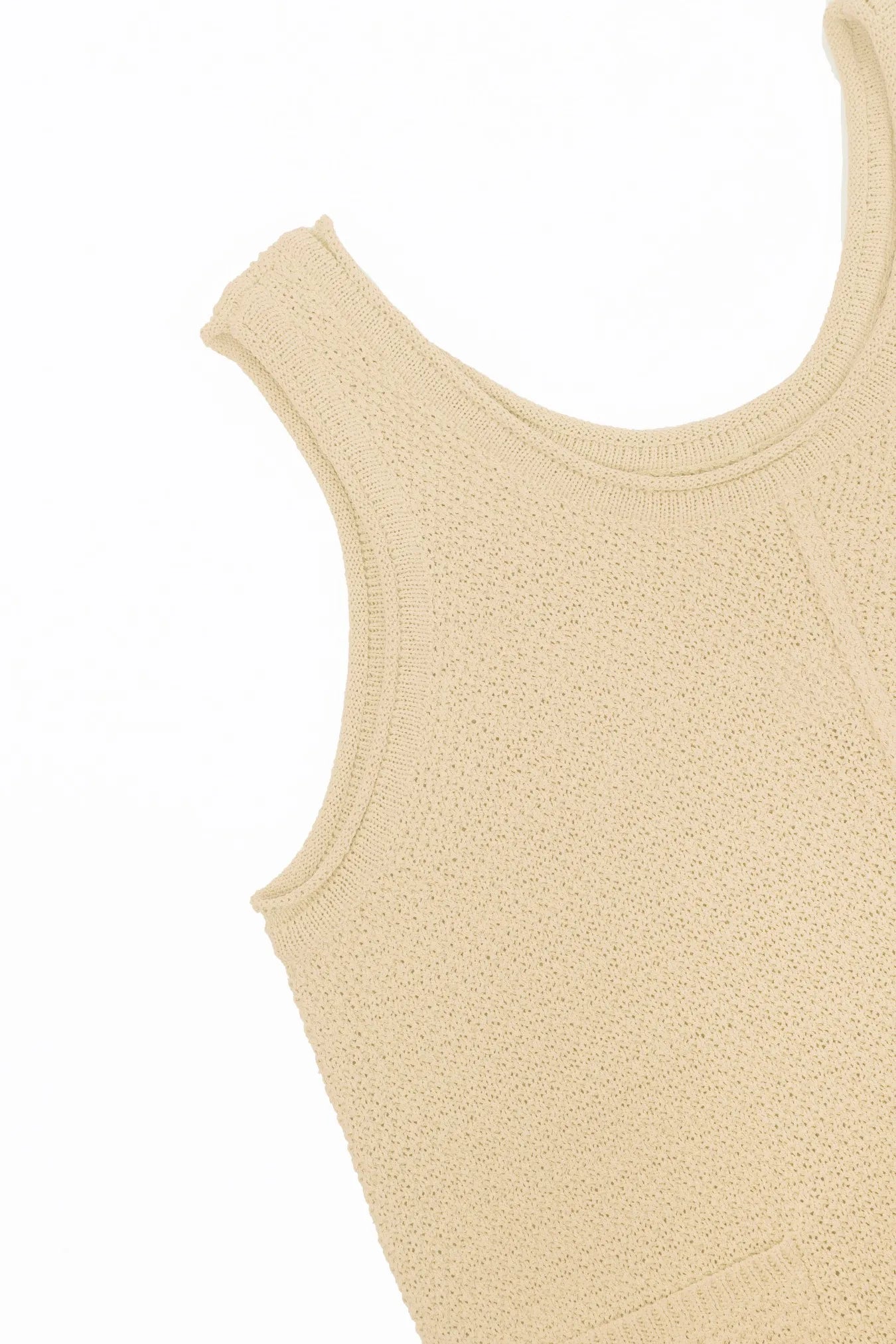 Light ivory knit tank bodice with scoop neck close-up
