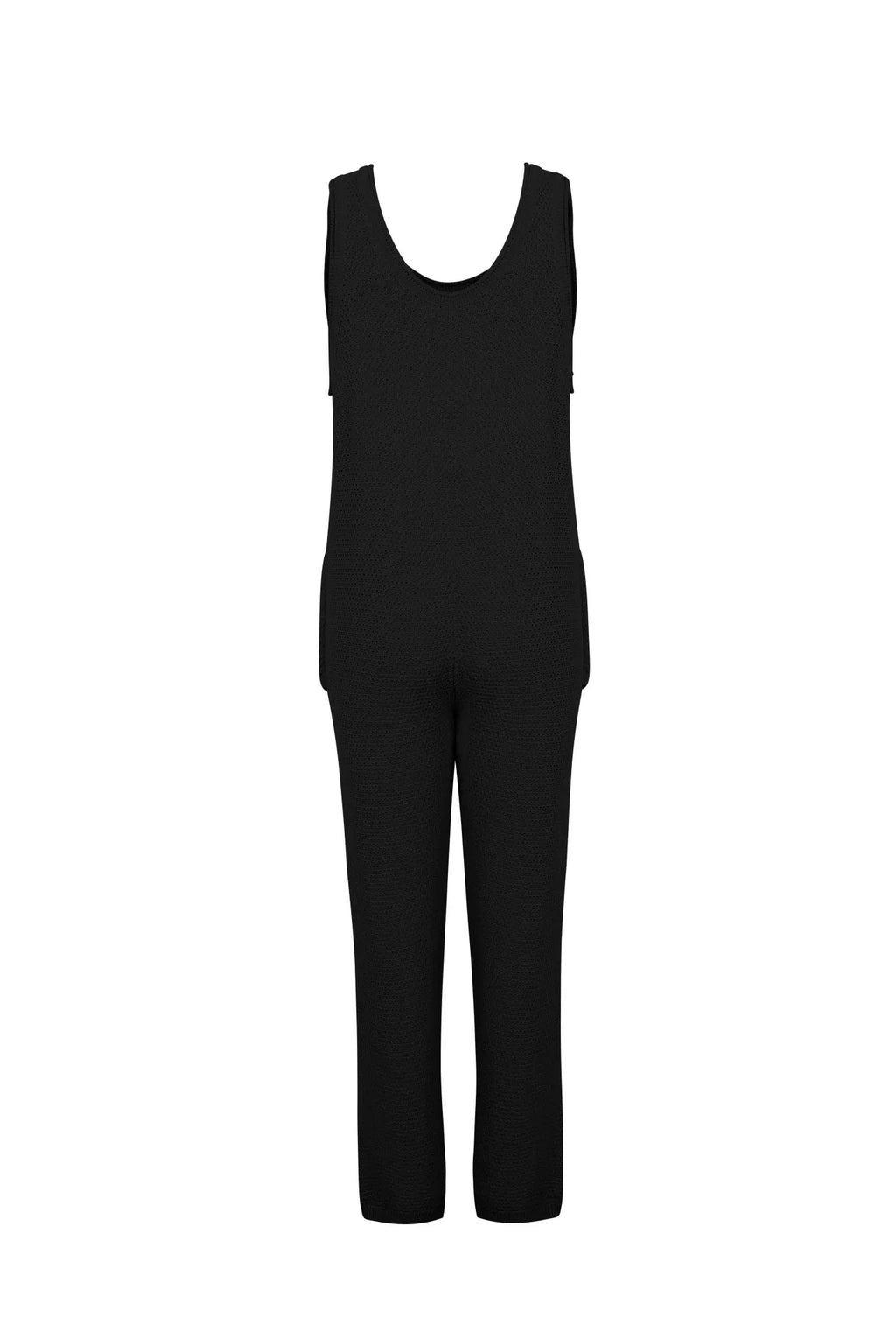 Black sleeveless knit jumpsuit romper with wide legs and pockets