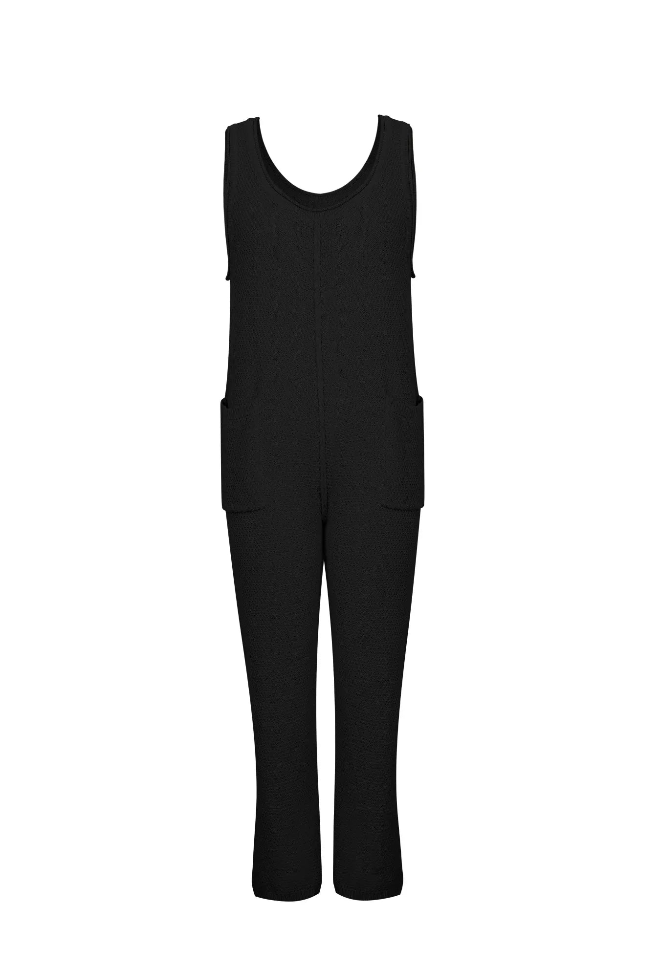 Black sleeveless knit jumpsuit romper with wide legs and side pockets