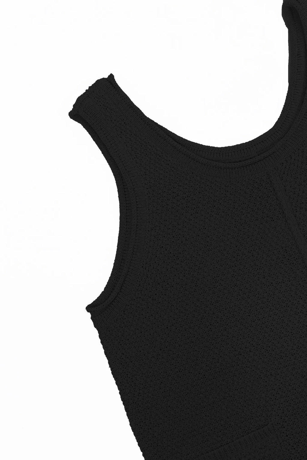 Black knit sleeveless jumpsuit neckline and shoulder seam detail