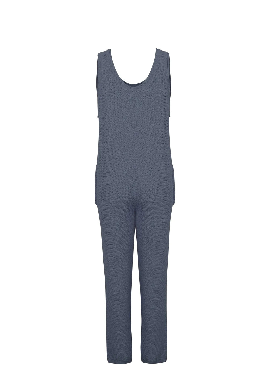 Slate blue sleeveless knit jumpsuit romper with wide legs