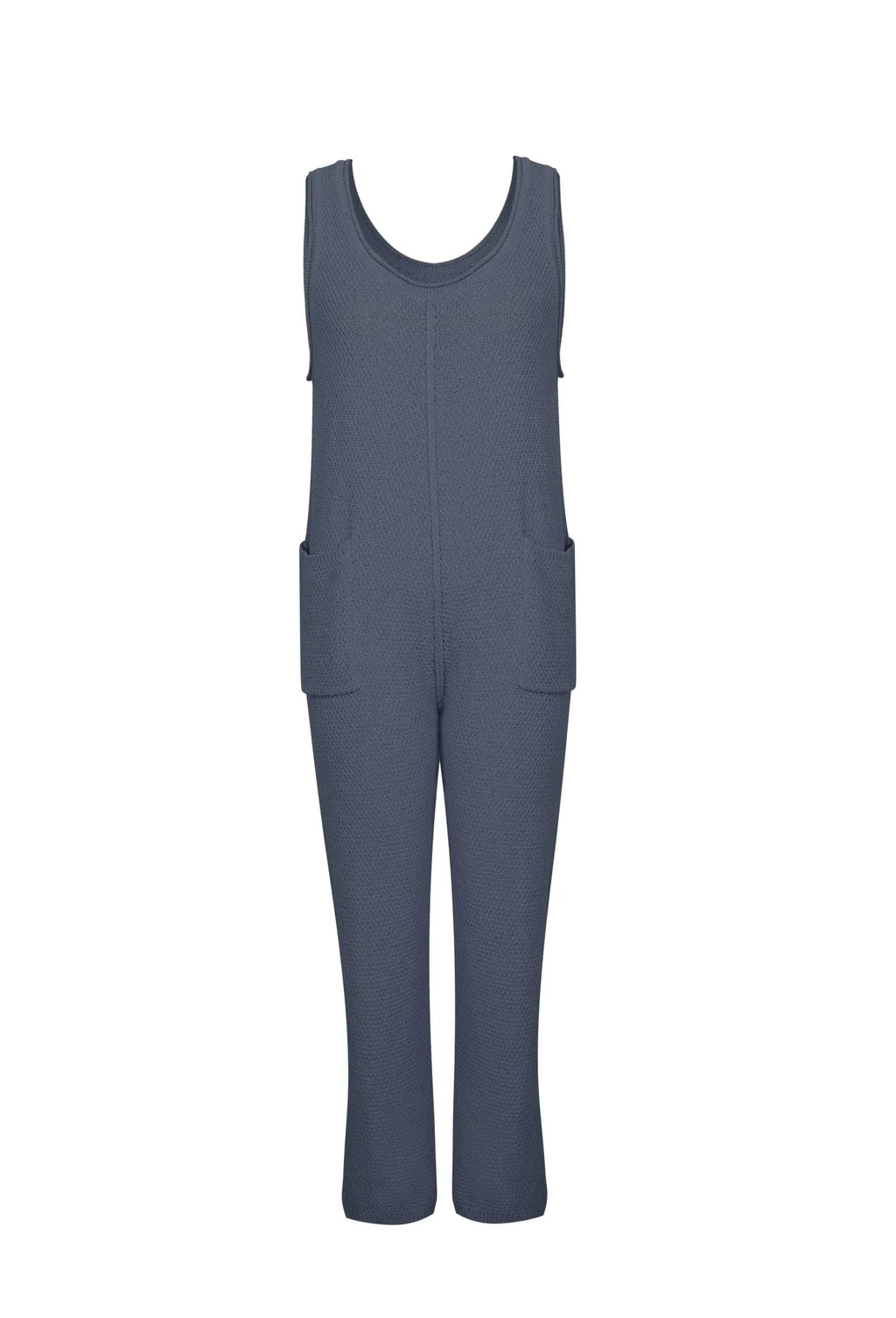Slate blue sleeveless knit jumpsuit romper with wide legs and pockets