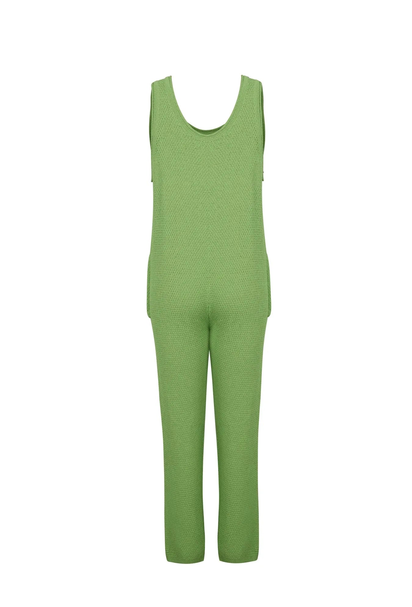 Onion green knit tank romper with wide legs and front pockets