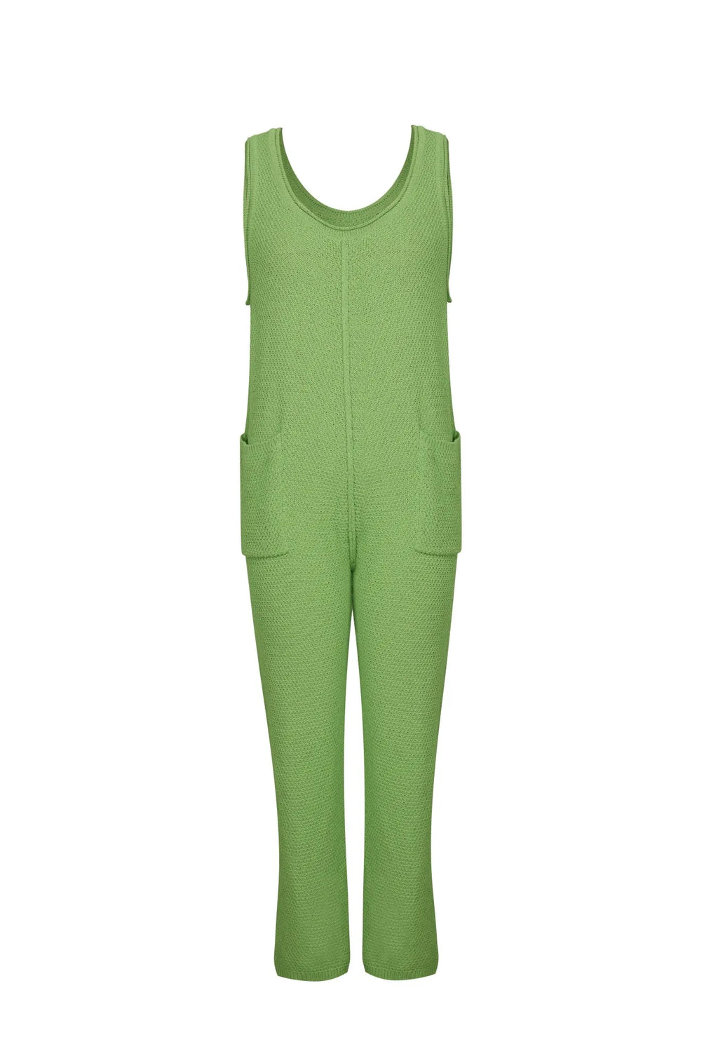 Onion green knit wide-leg romper with scoop neck and side pockets