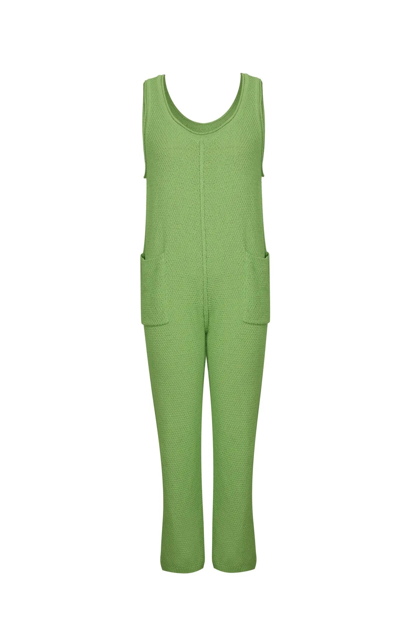 Onion green knit wide-leg romper with scoop neck and side pockets