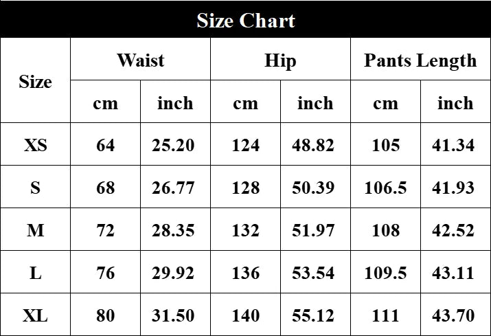 Joggers size chart table with waist, hip, and pants length in cm and inches