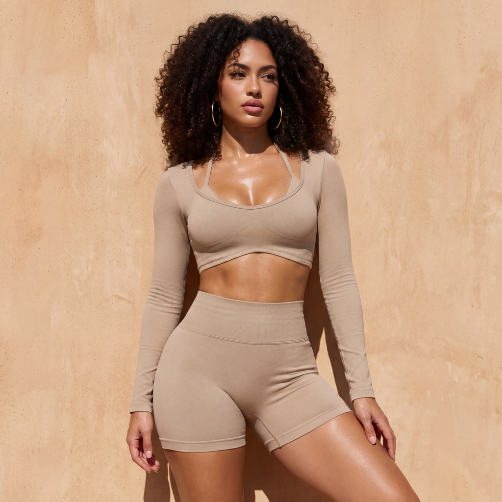 Khaki 3-piece set: long-sleeve crop bra top and matching shorts