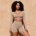 Khaki 3-piece set: long-sleeve crop bra top and matching shorts