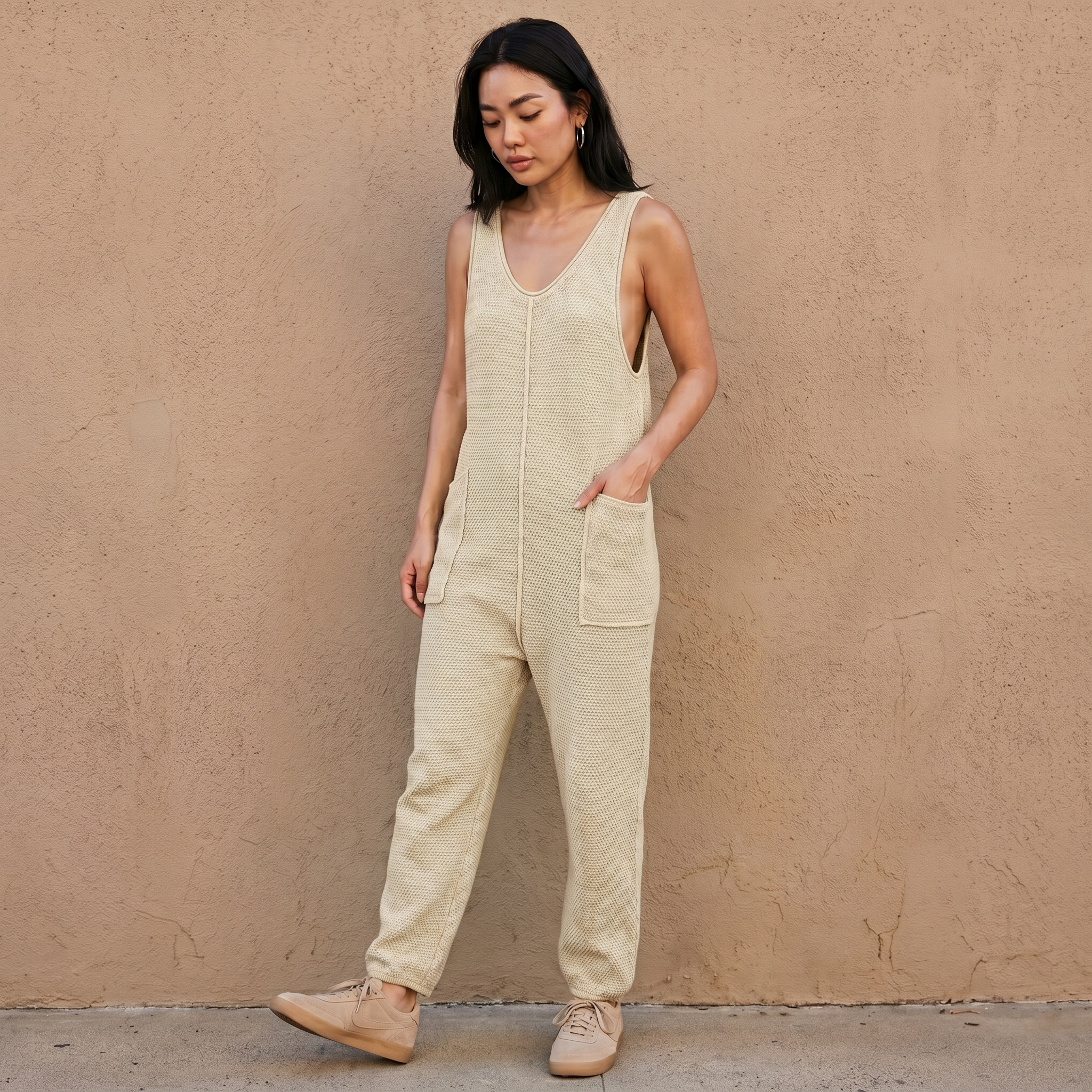 Light ivory knit sleeveless wide-leg pocket jumpsuit with scoop neckline