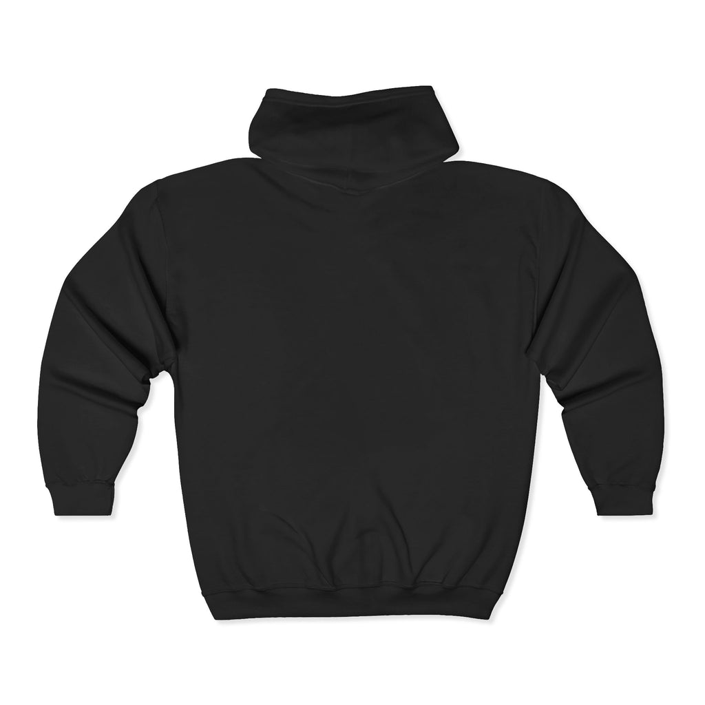 Black zip-up hooded sweatshirt, plain back view with kangaroo pocket