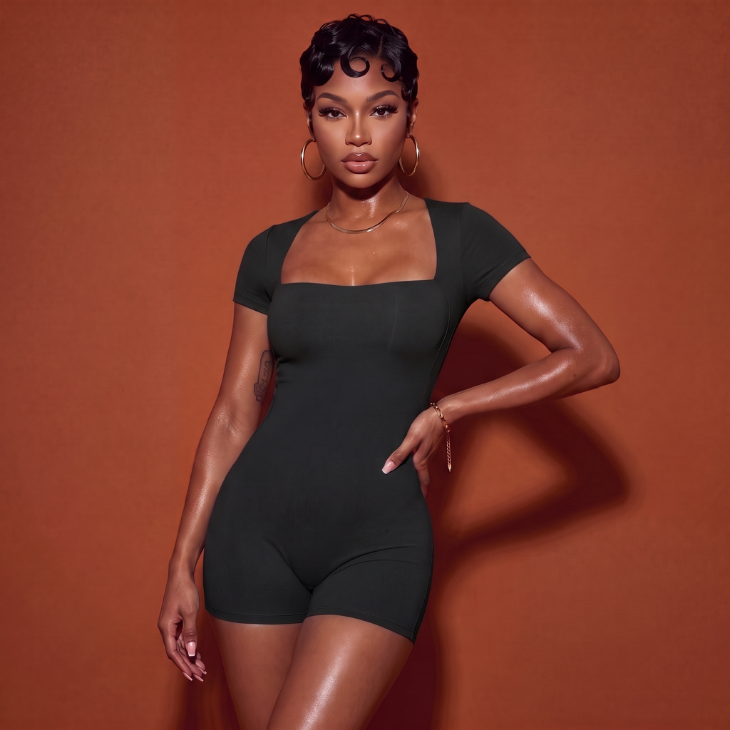 Black short-sleeve active romper with square neckline and fitted short legs
