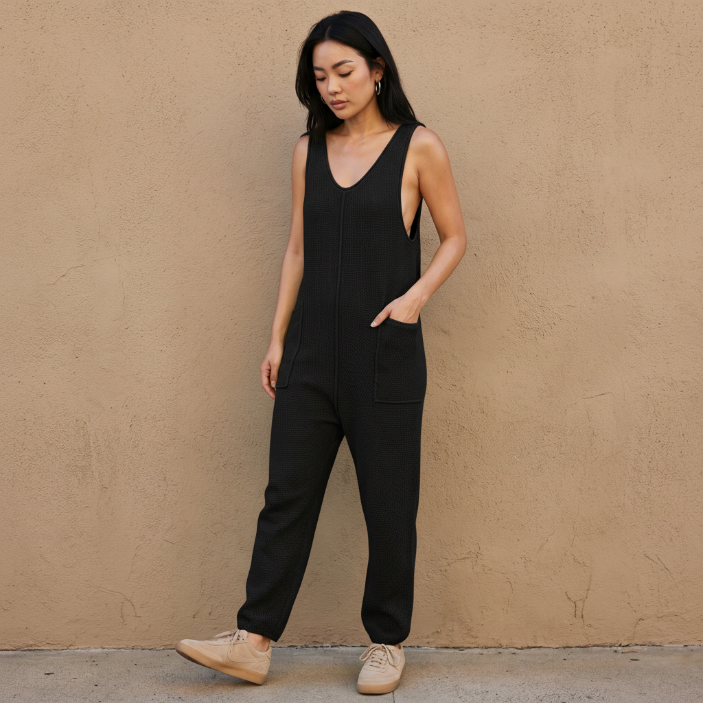 Black knit sleeveless wide-leg pocket jumpsuit with side pocket