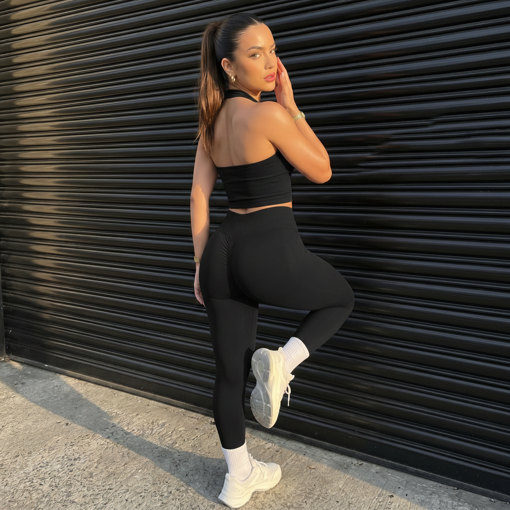Black halter tank top and high-waist leggings set, side view