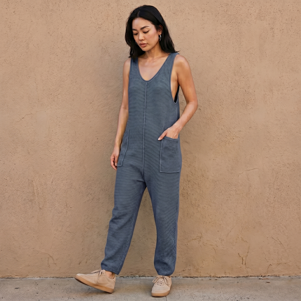 Mead blue knit sleeveless wide-leg pocket jumpsuit with side pocket