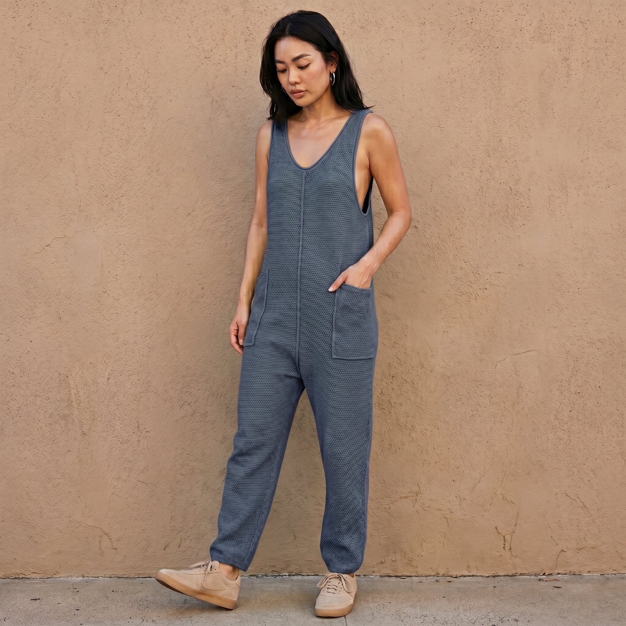 Mead blue knit sleeveless wide-leg pocket jumpsuit with side pocket
