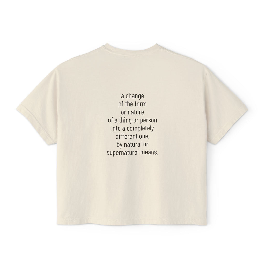 Light ivory crop T-shirt back text graphic about change, form, and nature