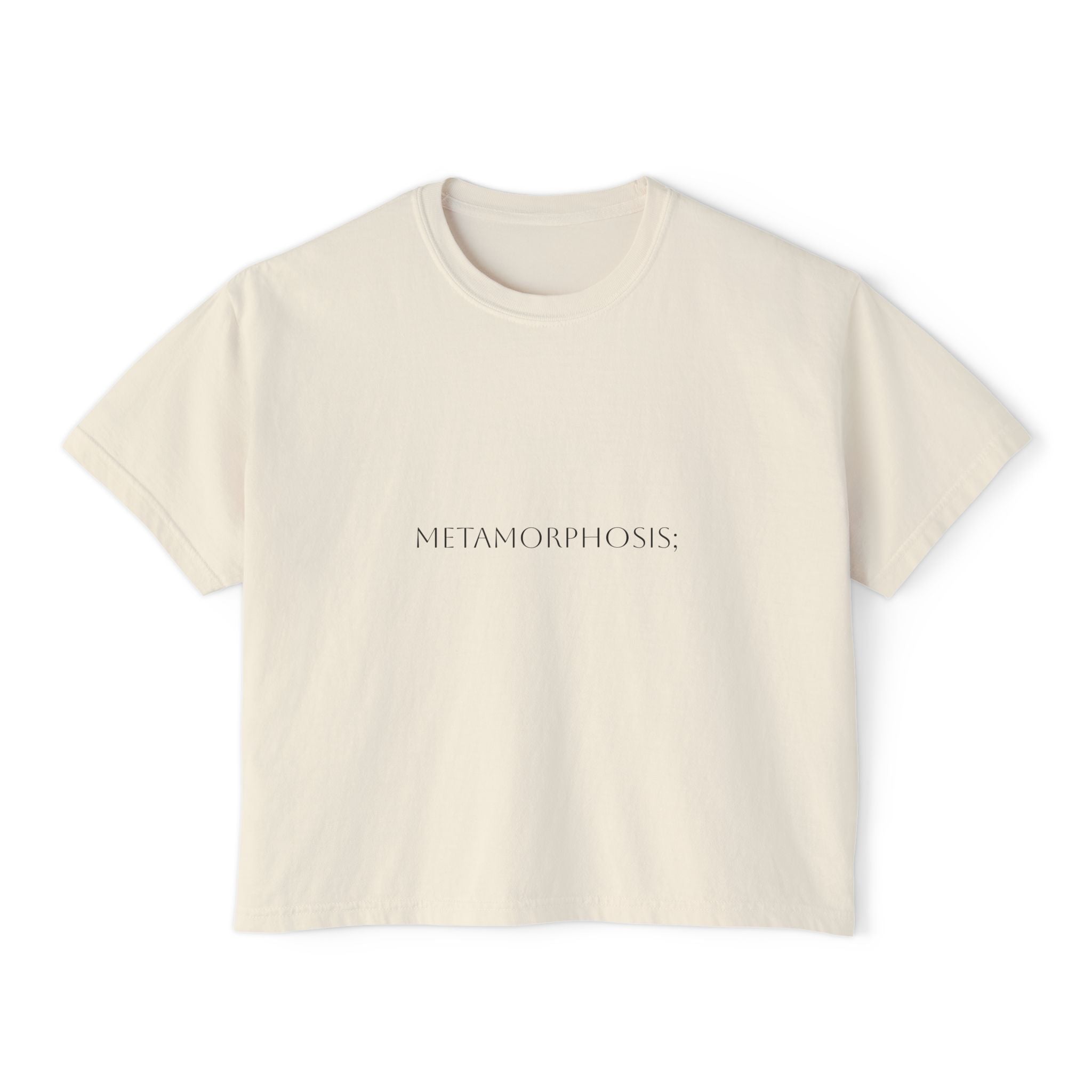 Boxy crop T-shirt in white with front «METAMORPHOSIS;» print