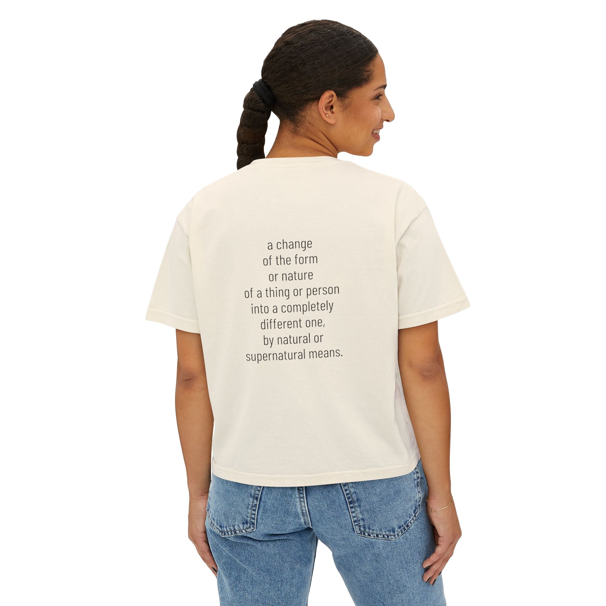 Metamorphosis Boxy Tee, Crop T-shirt in White—back print with text down center.