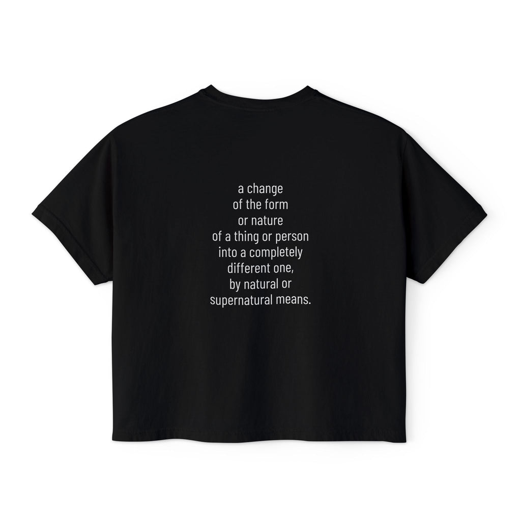 Black boxy cropped T-shirt with centered back quote print