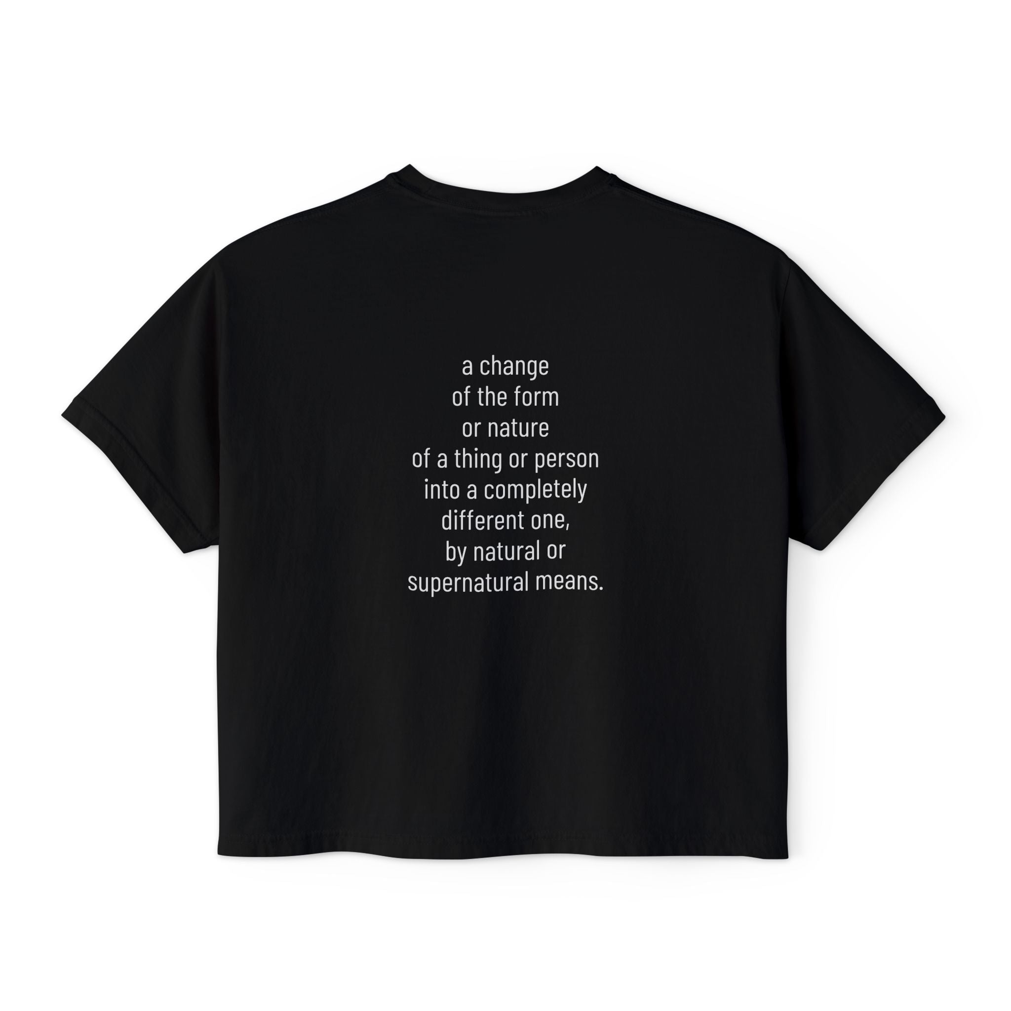 Black boxy cropped T-shirt with centered back quote print