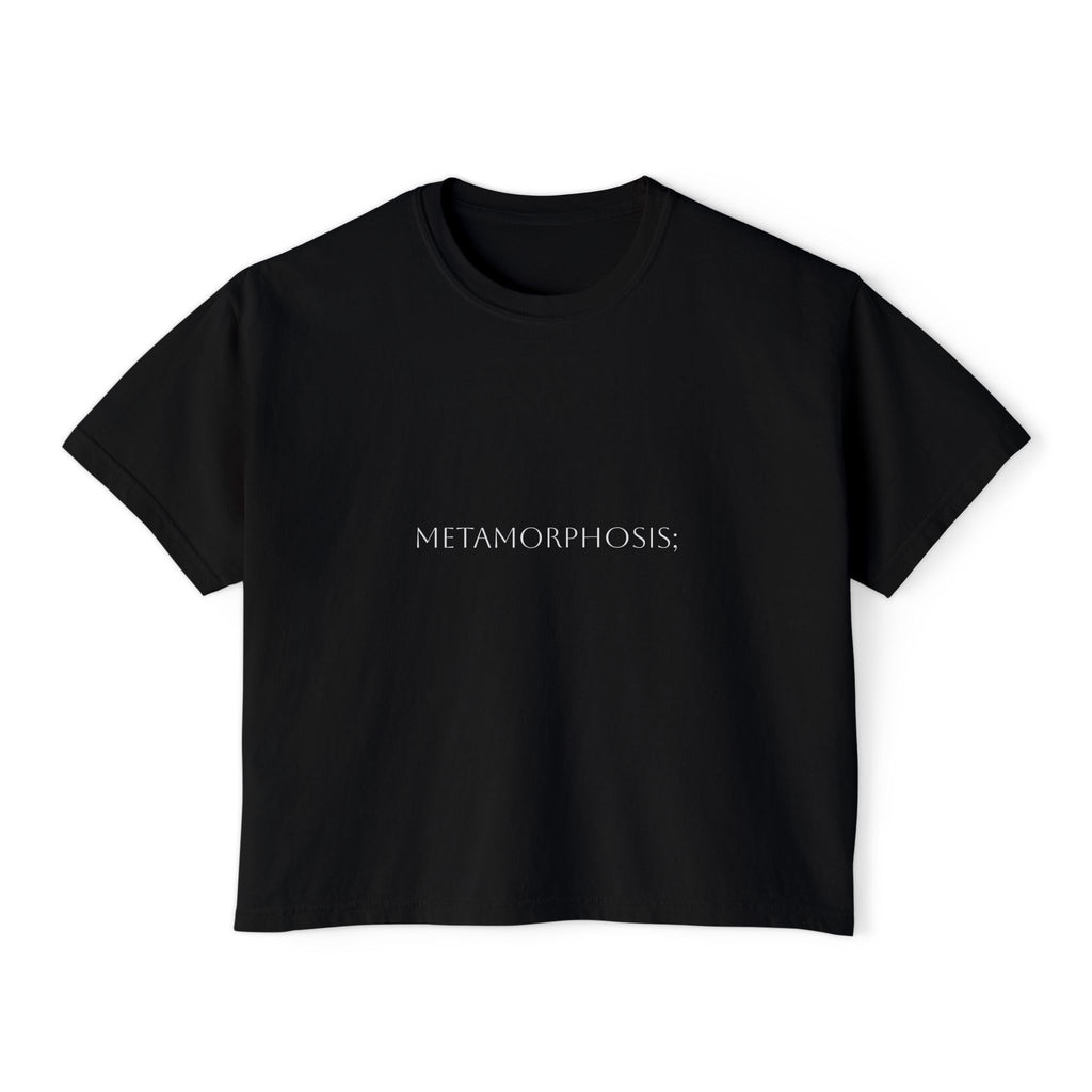 Boxy crop T-shirt in black with front «METAMORPHOSIS;» print