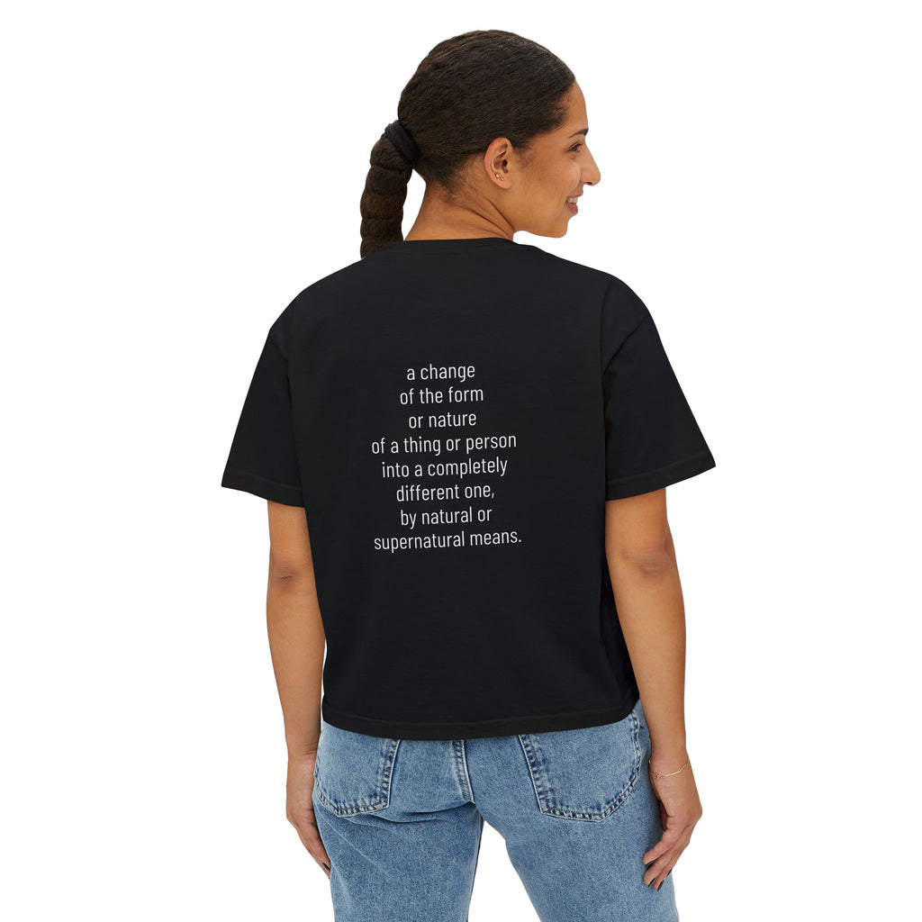 Black boxy cropped T-shirt from back view with quote text print