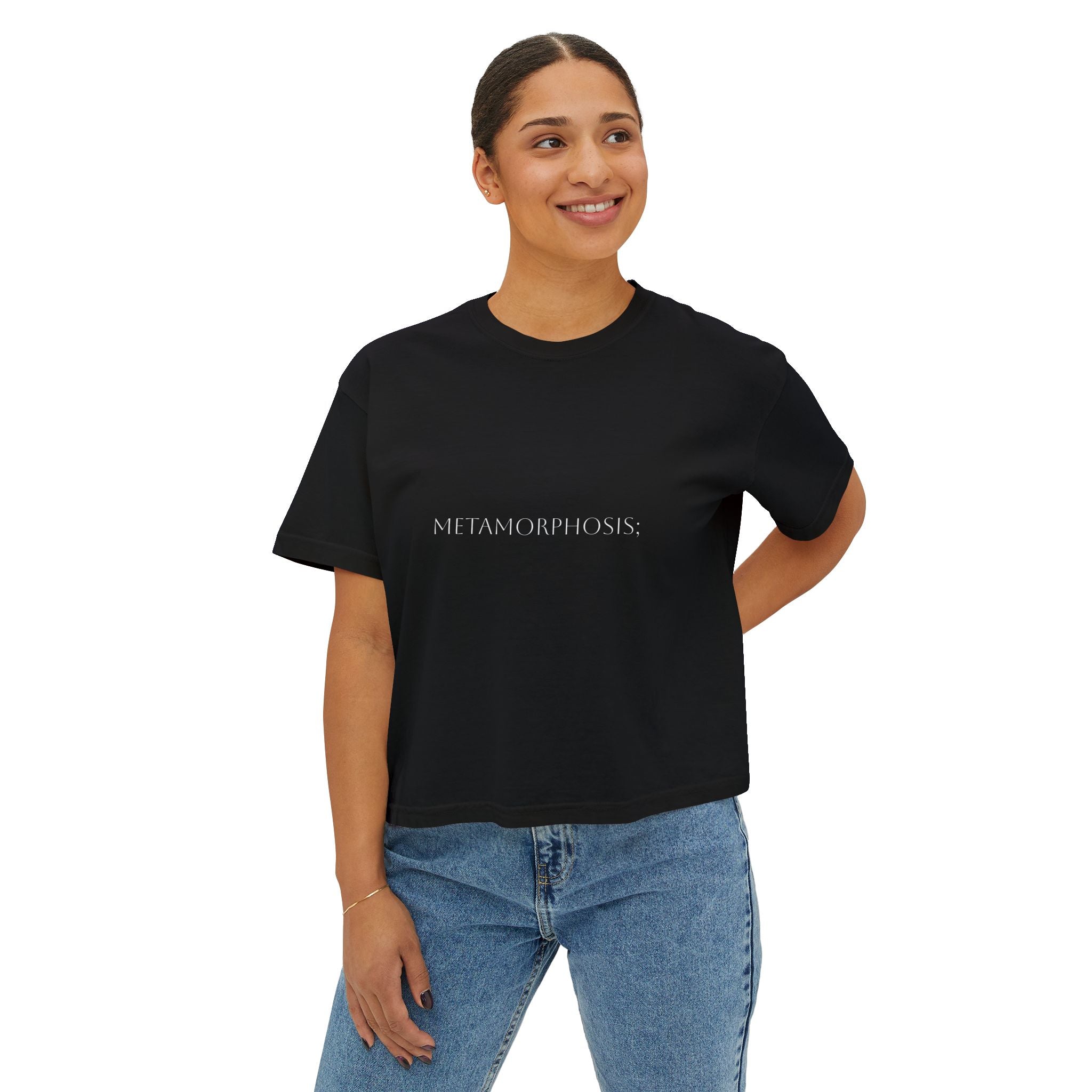 Black boxy cropped T-shirt with front “METAMORPHOSIS” print