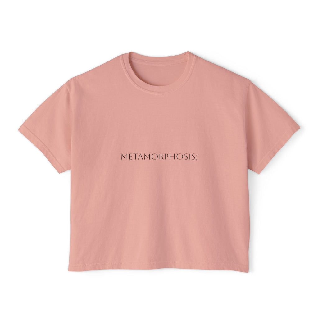 Boxy crop T-shirt in peach pink with front «METAMORPHOSIS;» print