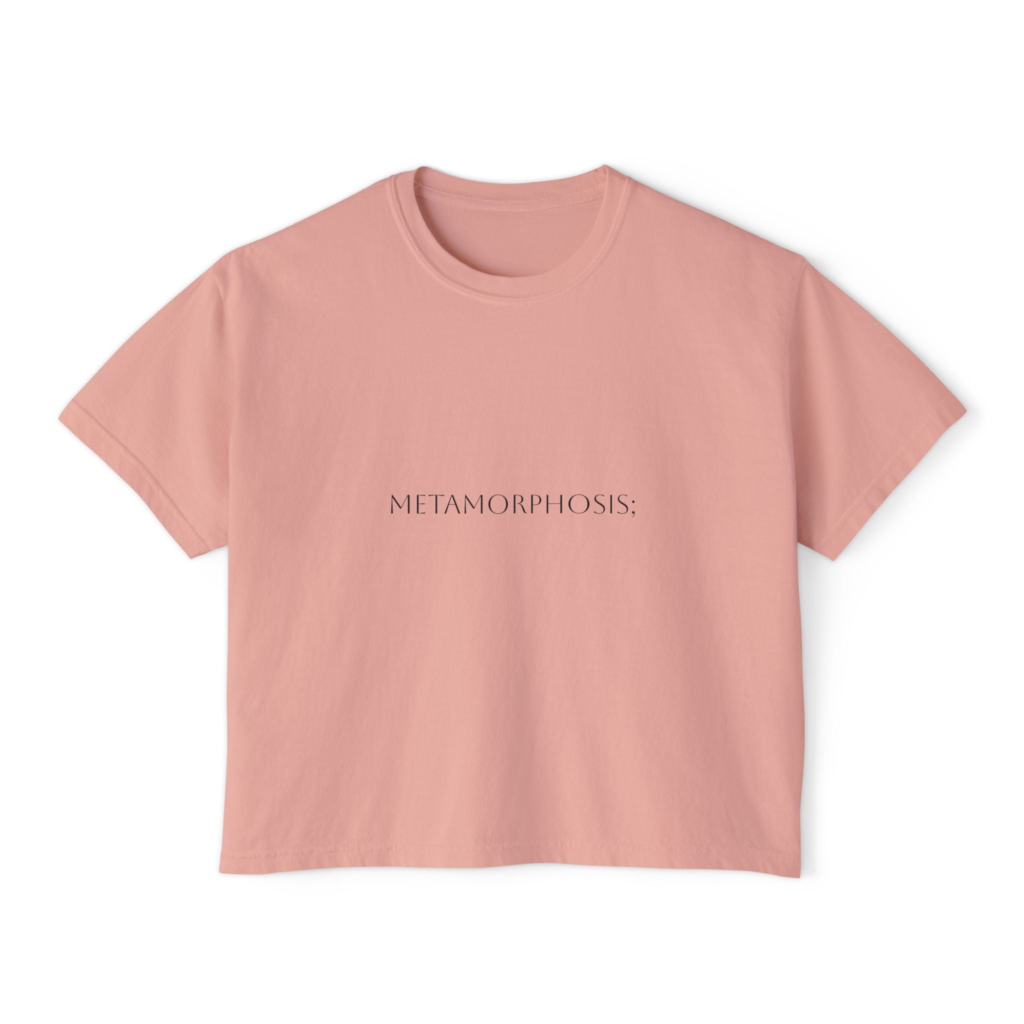 Boxy crop T-shirt in peach pink with front «METAMORPHOSIS;» print