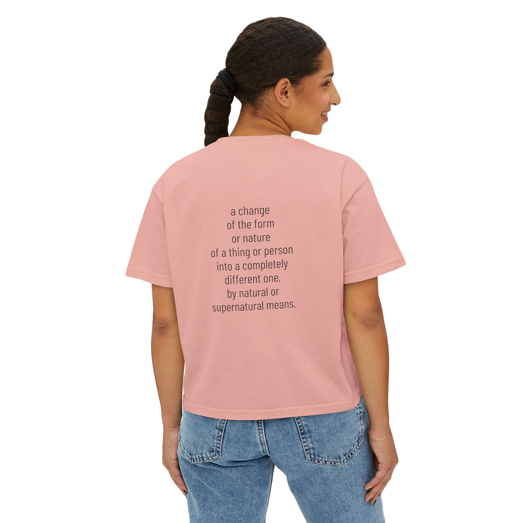 Metamorphosis Boxy Tee, Crop T-shirt in Peach Pink—side view, back quote print visible.