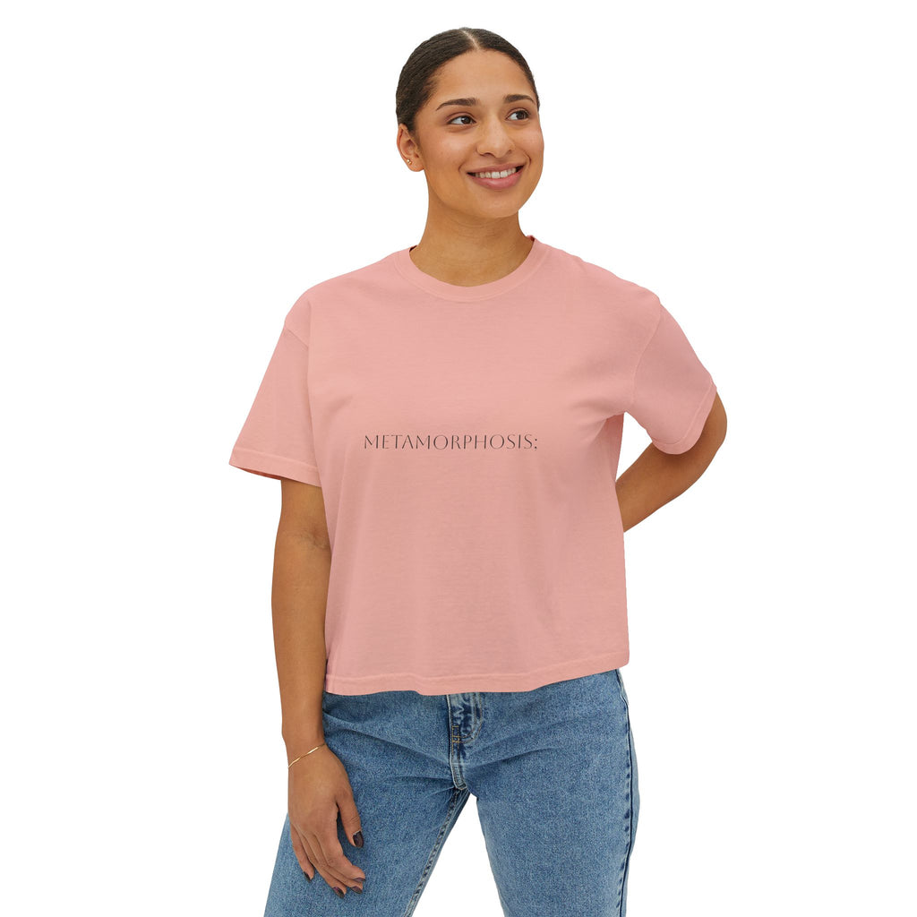 Metamorphosis Boxy Tee, Crop T-shirt in Peach Pink—front chest print “METAMORPHOSIS”.