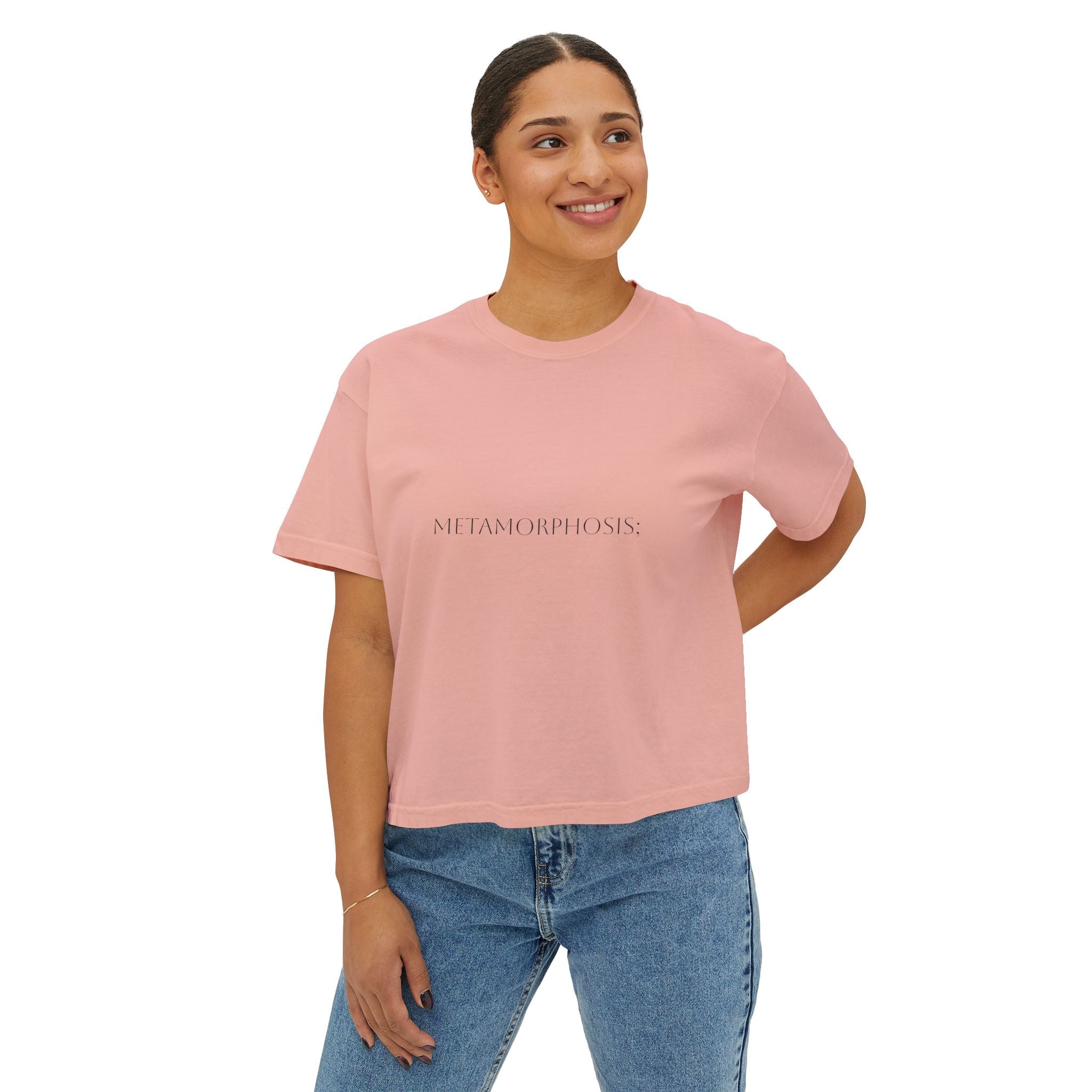 Metamorphosis Boxy Tee, Crop T-shirt in Peach Pink—front chest print “METAMORPHOSIS”.