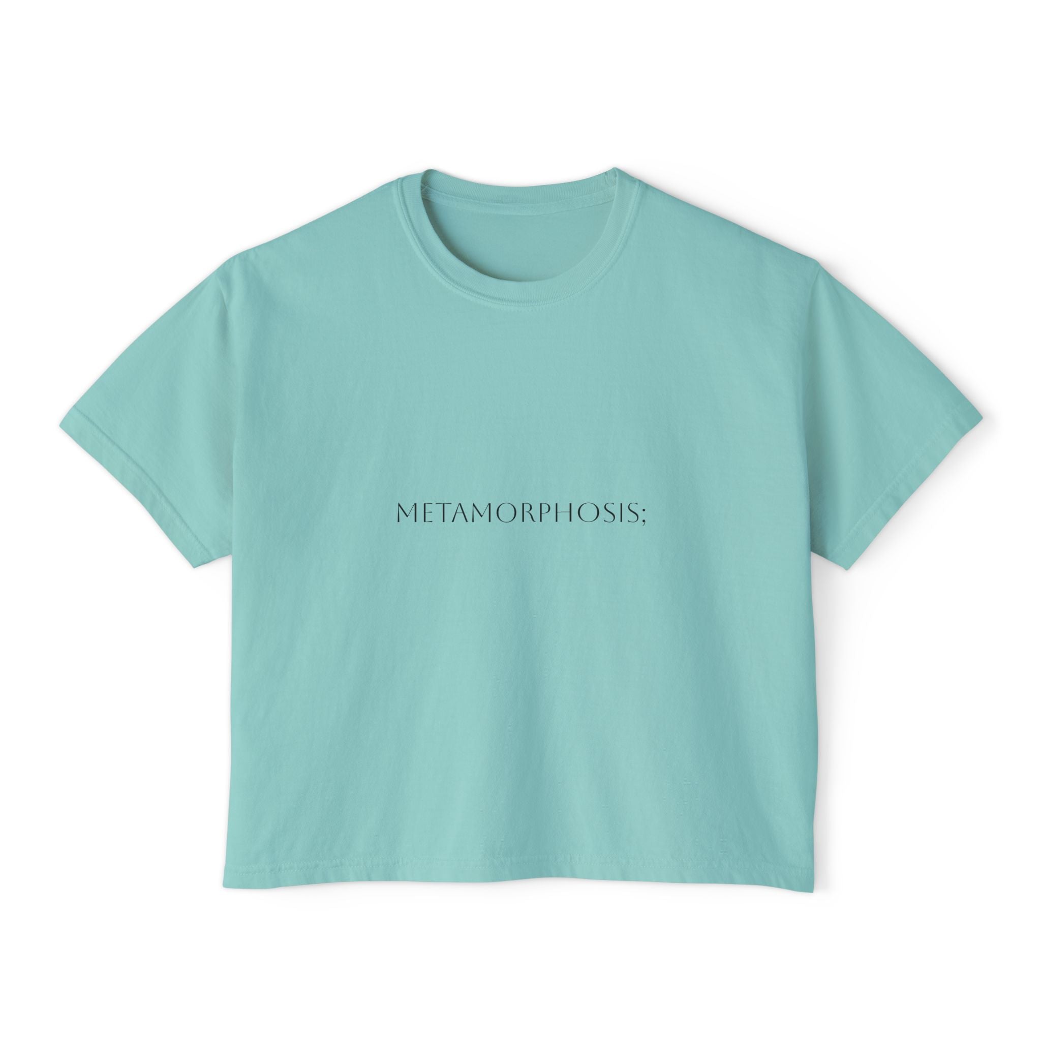 Boxy crop T-shirt in crystal blue with front «METAMORPHOSIS;» print