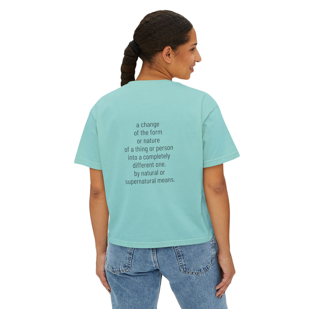 Metamorphosis Boxy Tee, Crop T-shirt in Crystal Blue—back view with centered quote print.