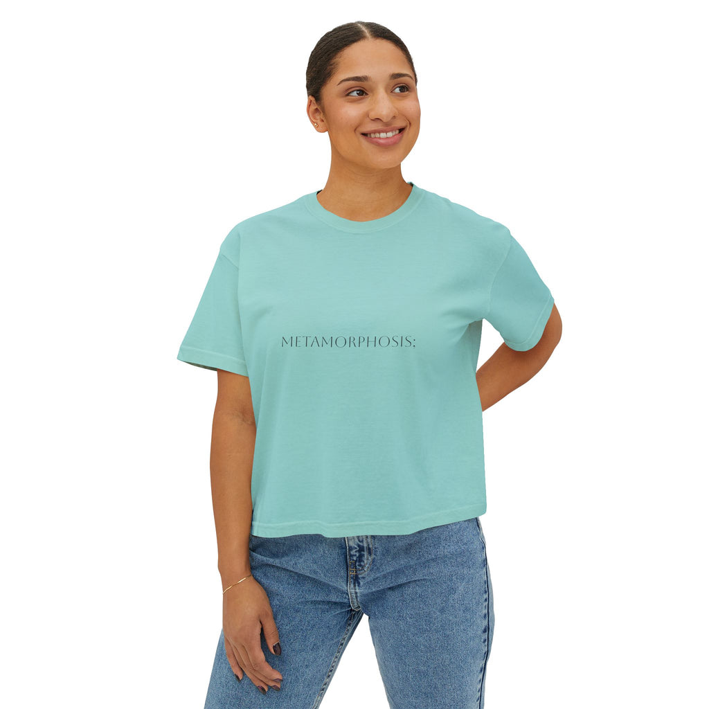 Metamorphosis Boxy Tee, Crop T-shirt in Crystal Blue—front chest print “METAMORPHOSIS”.