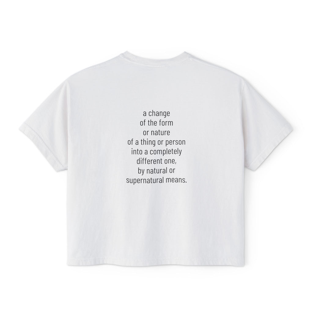 White crop T-shirt back text graphic about change, form, and nature