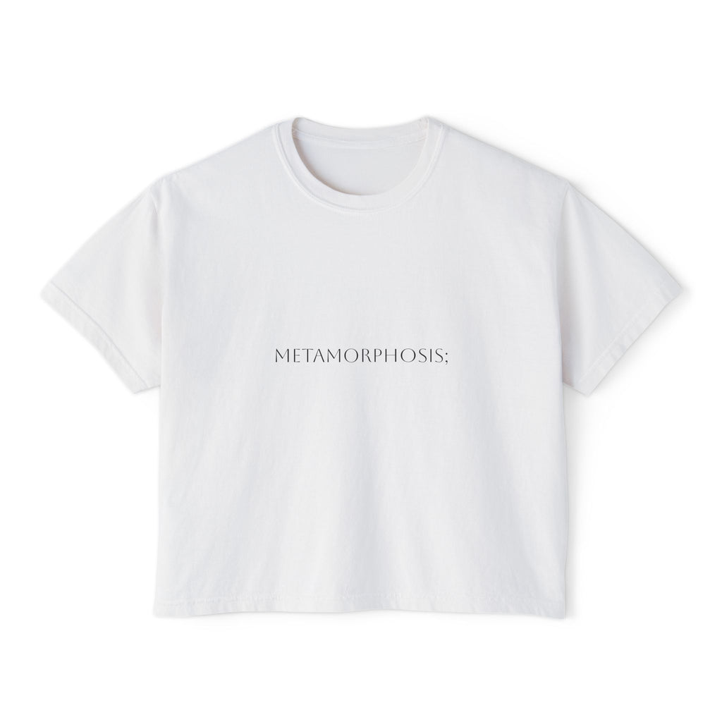 White crop T-shirt front print 'Metamorphosis;' flat lay