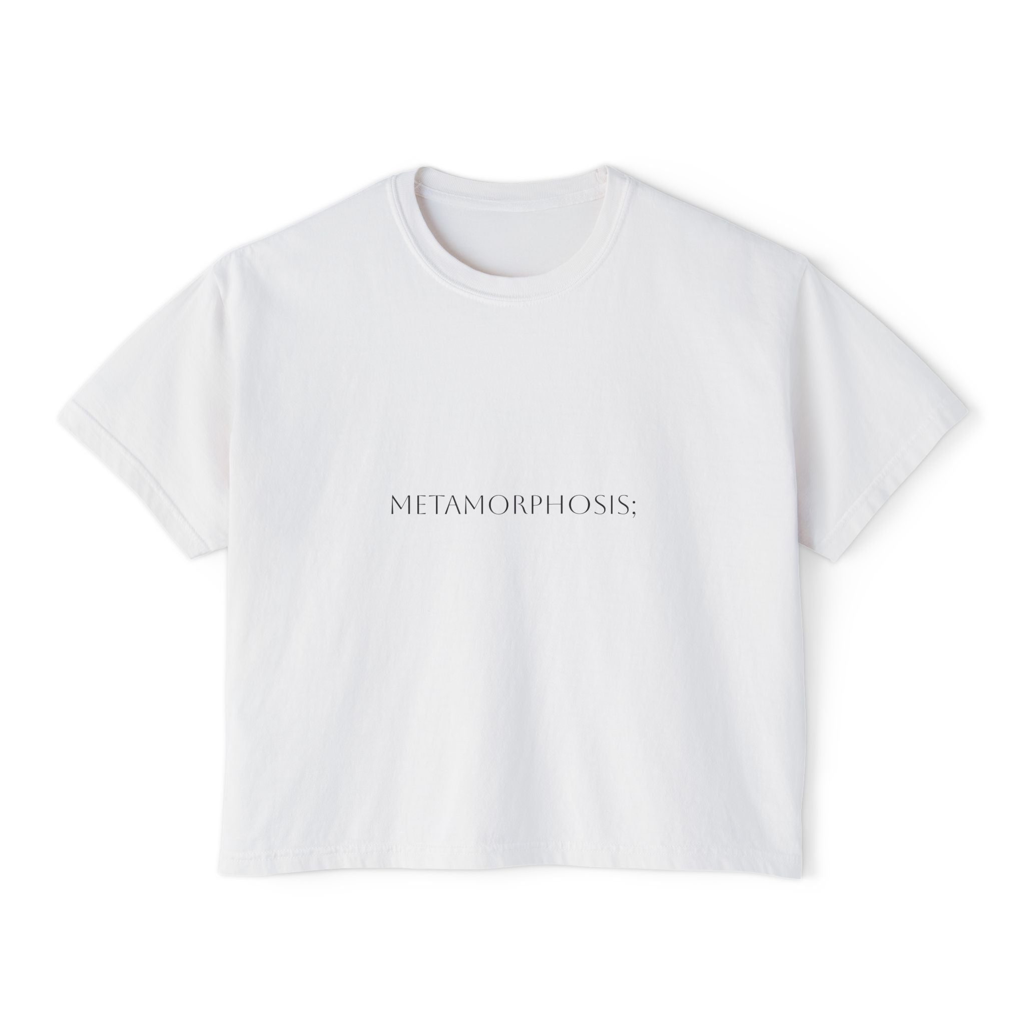 White crop T-shirt front print 'Metamorphosis;' flat lay