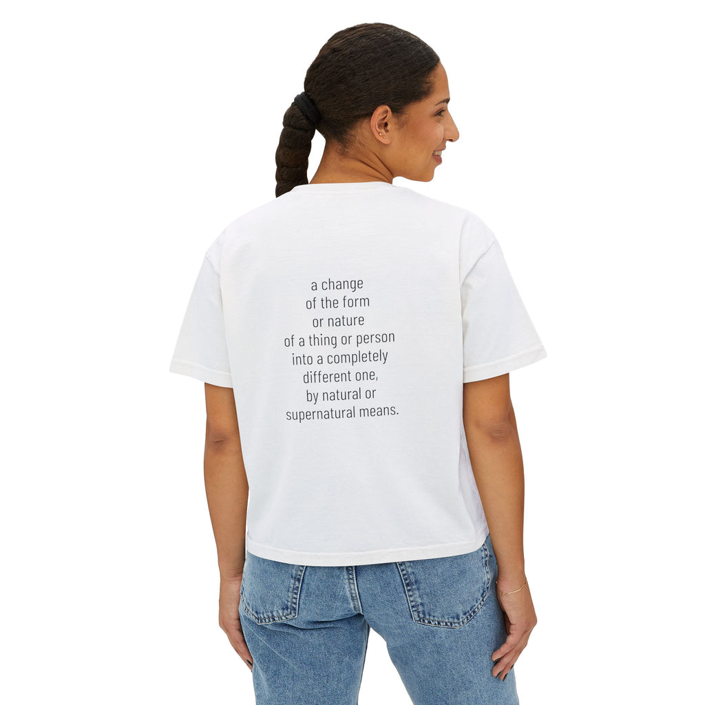 White boxy crop T-shirt worn by model with back text graphic