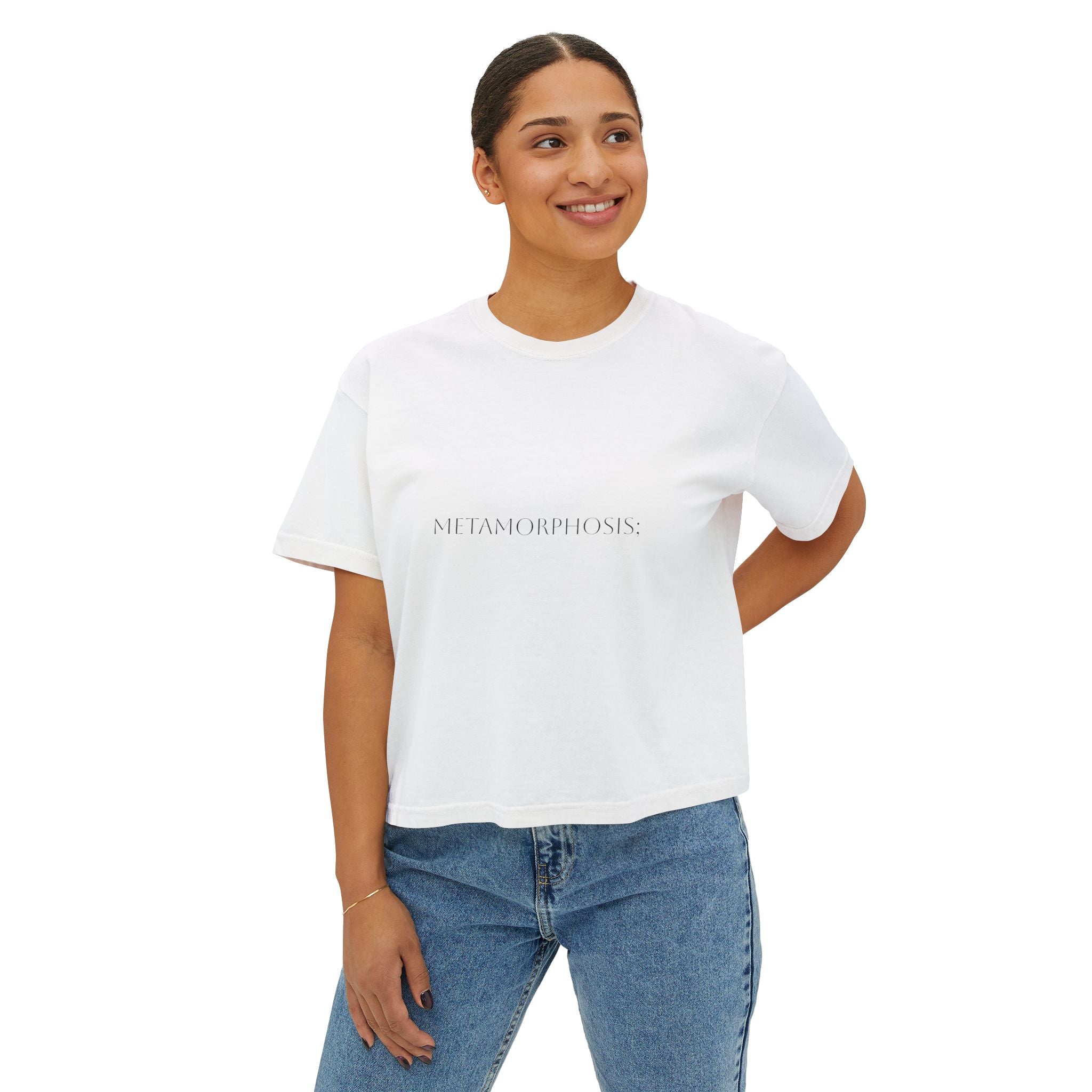 White boxy crop T-shirt worn by model with front «METAMORPHOSIS» print