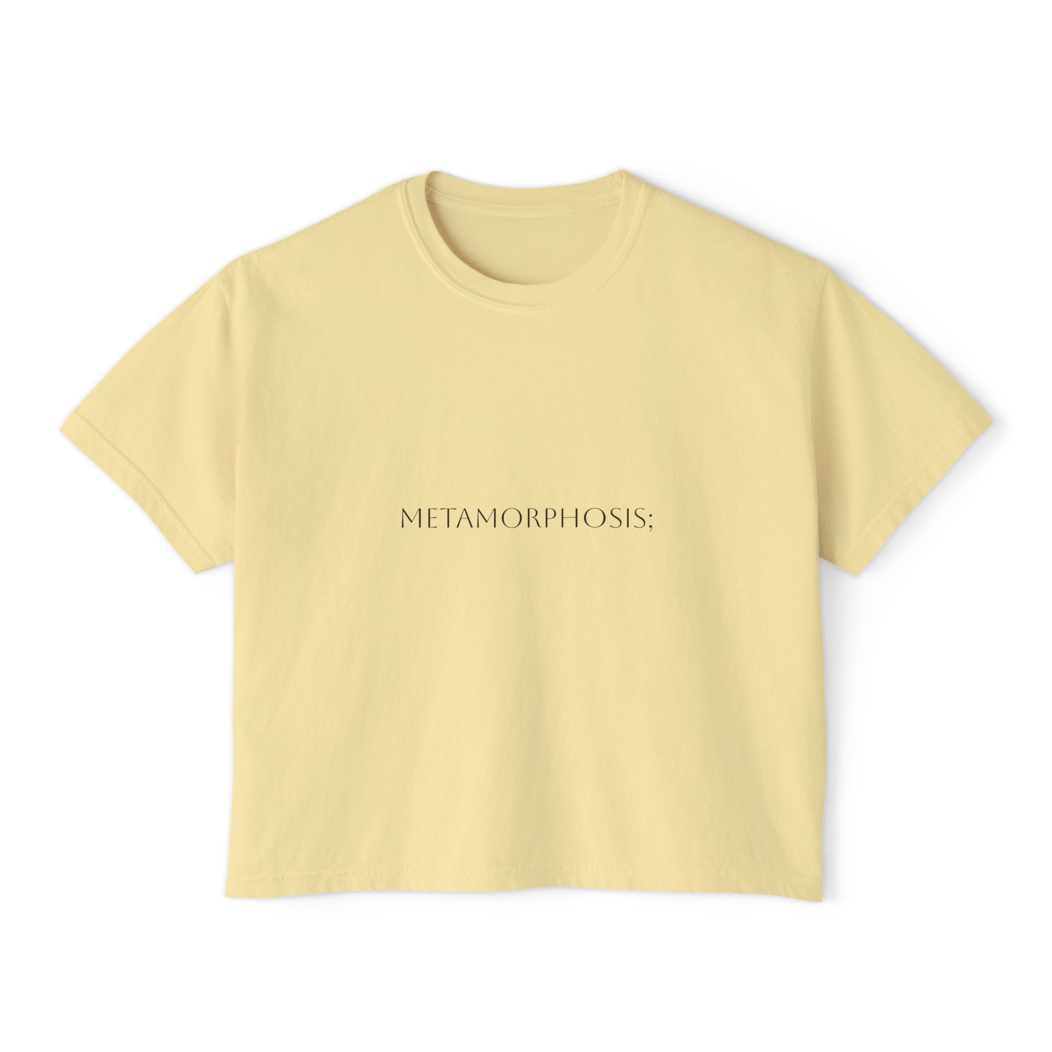 Boxy crop T-shirt in light butter with front «METAMORPHOSIS;» print