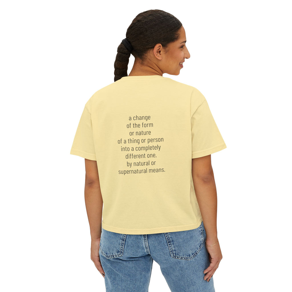 Metamorphosis Boxy Tee, Crop T-shirt in Butter Yellow—back quote print centered.