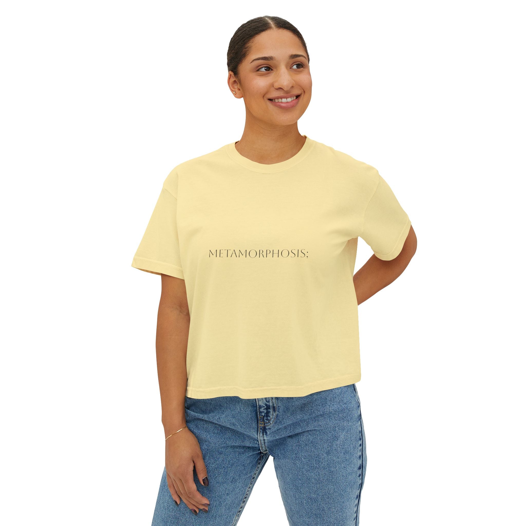 Metamorphosis Boxy Tee, Crop T-shirt in Butter Yellow—front chest print “METAMORPHOSIS”.